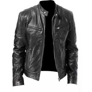 Chaqueta de cuero para hombre Piel de oveja genuina Cafe Racer Style Biker Negro y marrón - Product Image 1