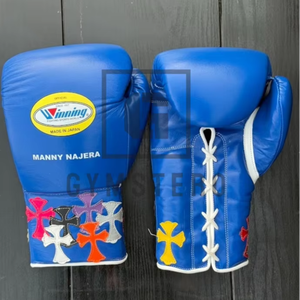 Gants de boxe bleus lacés GYMSTERO, doigts entiers, sangle de poignet réglable, poignées respirantes, cuir de vachette épais - Product Image 1
