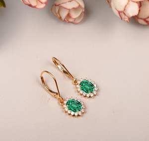 <b>Emerald</b> 926 Sterling Silver 14K Gold Plated Leverback <b>Earrings</b> Oval Green Gemstone Elegant <b>Emerald</b> <b>Drop</b> Jewelry - Product Image 6