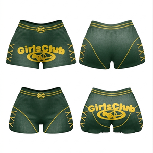 High Quality Stretch Fabric Booty Shorts Green With Yellow Panels <b>Lace</b> Detail Screen Print Custom Logo Booty shorts for women - Product Image 1