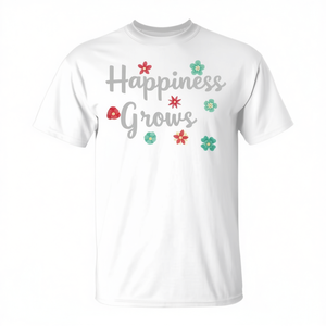 T-shirt con fiori carini motivazionali Happiness Grows, bianca, taglia unisex per adulti - Product Image 2