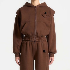 Vente en gros imprimé couleur unie 100% coton respirant fermeture éclair survêtement ensemble femmes debout devant lourd hiver sportif à capuche survêtement - Product Image 4