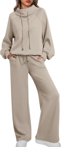 Ensemble de survêtement décontracté deux pièces pour femme : sweat-shirt à col montant et manches longues et pantalon de détente à jambes larges, couleur unie confortable - Product Image 3