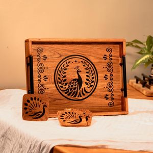Plateau rectangulaire en bois pour le thé, le café et les collations avec un design peint à la main Décoration de service naturelle avec la meilleure qualité disponible - Product Image 3
