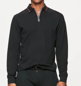 블랙 도매 100% 면 긴 소매 남자의 폴로 셔츠 골프 점퍼 긴 소매 풀오버 스탠드 칼라 남성 OEM 땀 셔츠