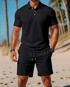 Ensemble deux pièces de sports de plage décontractés pour hommes, ensemble de shorts de sport à taille élastique avec cordon de serrage, haut à revers à bouton de contrôle d'accès - Product Image 5