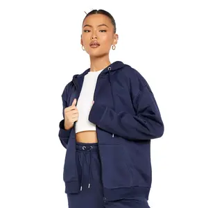 Most Fashionable Women Navy Blue French Terry Fleece 300 GSM Blank Zip Up Hoodie With Front Pocket And Labels For Sale