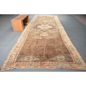 6.3x17.5 ft Turkish Rug, Vintage Runner Rug, <b>Brown</b> Floral <b>Wool</b> Rug - Product Image 1