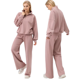 Conjunto de chándales de ocio de talla grande al por mayor, 2 uds., 1/4, jersey de hombro caído con cremallera, pantalones de chándal holgados con dobladillo ajustable, Jersey Suelto - Product Image 5