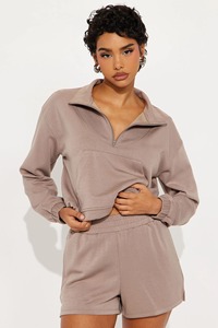 Wholesale 2025 Sweatsuit Sets <b>Women</b> Fashion Turtle Neck Long Sleeve Solid Color Casual <b>Top</b> Sweatshirt Shorts Set - Product Image 6