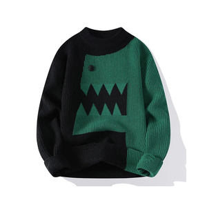 Pull rayé à col rond coupe ajustée pour hommes Pull d'hiver confortable et respirant tricoté à la main Style décontracté - Product Image 1