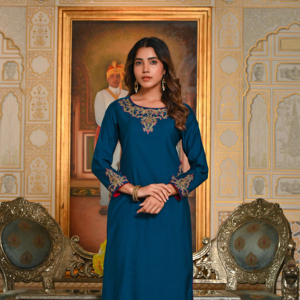 Conjunto de Kurta de Fiesta Maharani para Mujer, en Seda Bordada con Dori Azul Rey - Product Image 1