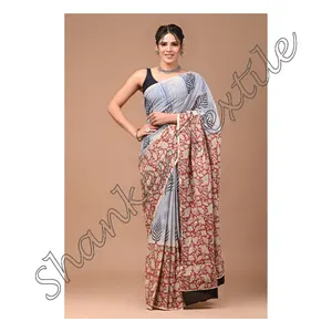 Abbigliamento etnico indiano tradizionale cotone Mulmul blocco a mano stampa Saree con camicetta da donna sari grossista produttore