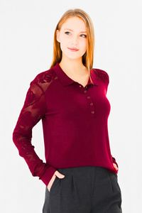 Blouse élégante en tricot à col polo pour femme - Motif rose, dentelle, manches longues, blanc, chic, tricot - Product Image 3