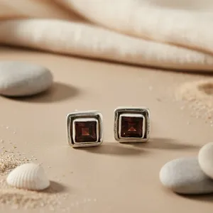 Geometric <b>Garnet</b> Stud <b>Earrings</b> for Women Classic Bezel Setting Everyday Wear - Product Image 2