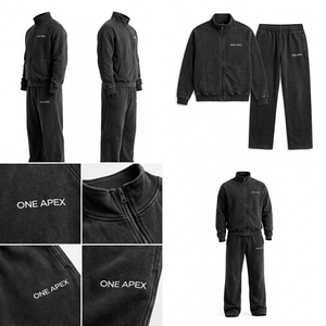 Custom Black Acid Wash Tracksuit Vintage Washed Sweat Suit Full <b>Zip</b> Jacket Jogger Set Cotton Fleece OEM ODM Manufacturer - Product Image 4