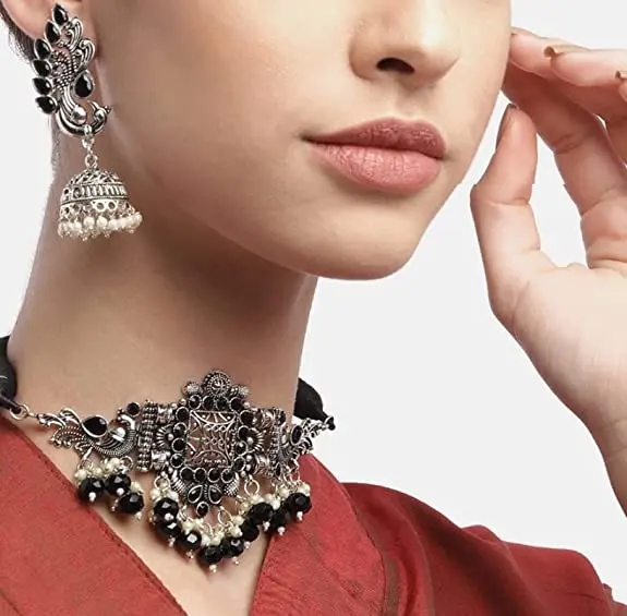 Top Manufacturer Choker Oxidised Silver Black Square Jaali Designer Fancy Style Party Wear Beautiful Jewelry Necklace Set