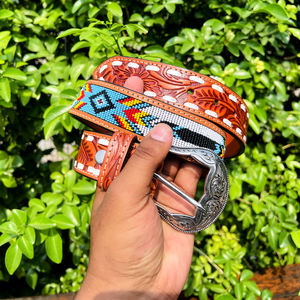 Ceinture Western Classique en Cuir Véritable Perlé Paisley Faite à la Main avec Boucle Ardillon en Alliage de Zinc 40MM pour Tenue Décontractée - Product Image 3