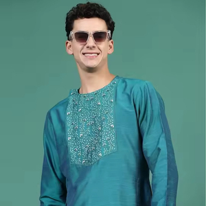 Kurta Pajama Homme Ramas Kurtis Style Vintage Brodé à la Main Motif Uni Polyester Été Ethnique Coupe Droite Col à Volants - Product Image 1