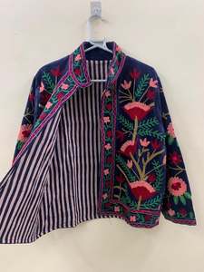 Blue Floral Velvet Short Jacket Embroidered Coat Festival Jacket Warm Winter Jacket Unisex Jacket Gift For <b>Wife</b> Bridal Jacket - Product Image 3