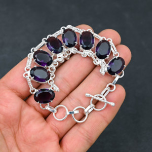 Laboratorio creado amatista púrpura piedra preciosa hecha a mano 925 cadena plateada estilo pulsera diseñador joyería regalo para mujeres 7 a 8 pulgadas - Product Image 6