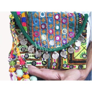 Handmade Bohemian Banjara Embroidery Sling Bag Large Capacity Zipper Closure Colorful Cotton <b>Pom</b> <b>Poms</b> & Mirrors Portable - Product Image 1