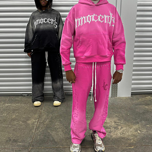 Precio bajo personalizado serigrafiado Logotipo de gran tamaño lavado con ácido diamantes de imitación 100% algodón pantalones de chándal holgado con capucha conjunto ropa de calle chándal - Product Image 2