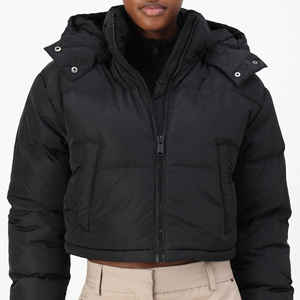 Women's Trendy <b>Cropped</b> Puffer <b>Jacket</b> Hooded Quilted Warm Winter Coat Zip-Up Drawstring Outwear Wholesale OEM Custom Logo - Product Image 1