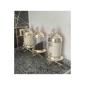Juego de tarros de lujo con patas japonesas de latón plateado de 3 botellas y tarros de almacenamiento Premium - Product Image 1