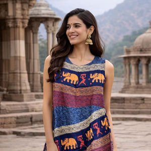 Vestido Midi con Cintura Natural, Vestido de Algodón con Estampado Naptol, Personalizable, Vestido de Línea A para Mujer, Vestido de Vacaciones, Vestido de Estilo Moderno - Product Image 1