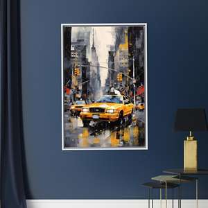 Art sur toile Urban NYC Taxi : décoration murale imprimée avec paysage urbain moderne, encadrée de blanc - Product Image 1