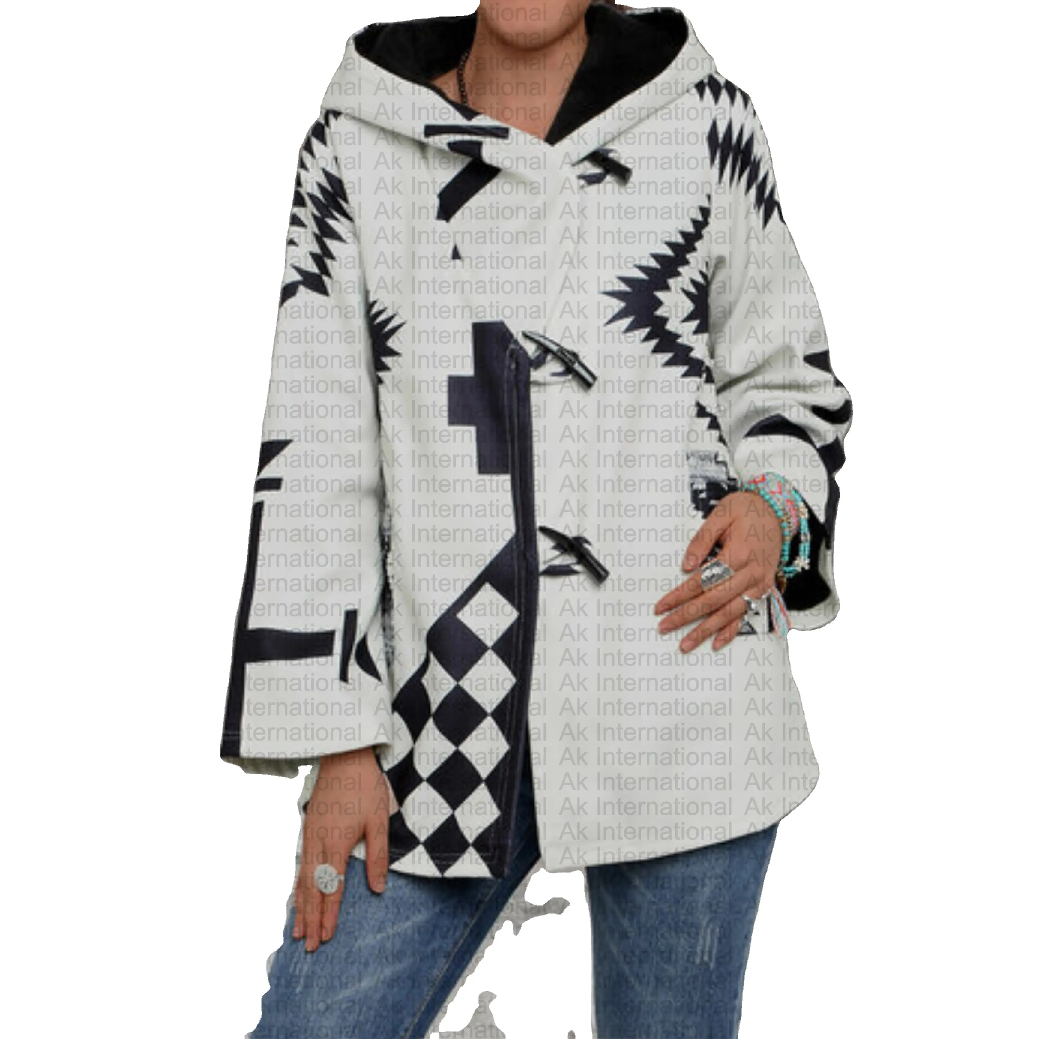 Wholesale High Quality AK British Style Holiday Geometric Jacquard Horn Buckles Hooded Coat Sublimation Custom Design