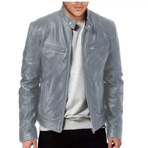 Veste en cuir pour homme, mode automne, couleur unie, fermeture éclair, veste de moto, veste décontractée à manches longues avec fermeture éclair et boutons pour homme - Product Image 4