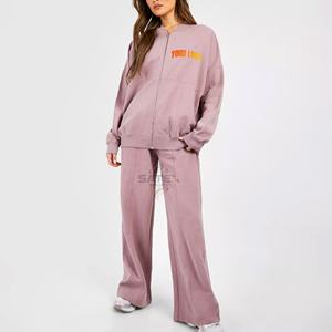 Ensemble de survêtement décontracté pour femme, style nouveau, hiver, à capuche, lavage à l'acide, fermeture éclair |   Ensemble de sport à manches longues avec fermeture éclair OEM - Product Image 4