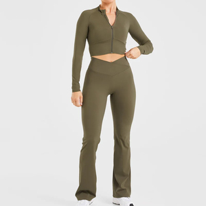 ชุดโยคะผู้หญิงขายดี ผลิตจากโรงงาน เสื้อครอปท็อปและแจ็คเก็ต พร้อมกางเกงเลกกิ้งทรงบานรูปตัววี มีซิป - Product Image 1