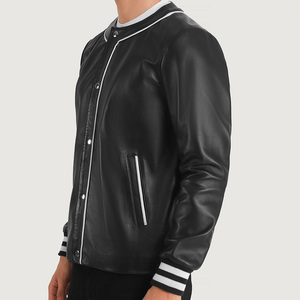 Ropa de calle de béisbol con logotipo personalizado para hombre, chaqueta universitaria Letterman con logotipo bordado, cuello levantado, manga de cuerpo de cuero - Product Image 3