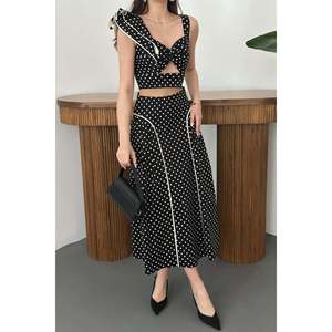 Black Low-Cut Ruffled Blouse and Skirt <b>Set</b> - Black - Product Image 5