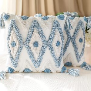 Cotton Woven Boho Throw Pillow Covers Tufted Blue Decorative Square Pillowcases Covers Tassels Embroidery Cushion Cover Pillow - Product Image 1