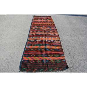 Alfombra de yute estilo Kilim turco negro Vintage 35X115 pies tejido plano patrón de retazos lana látex rectángulo diseño de pasillo - Product Image 1