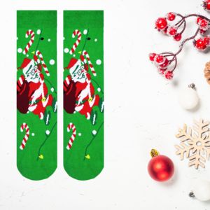 Calcetín Navideño con Estampado de Santa Claus Verde, Transpirable y para Uso Diario - Product Image 1