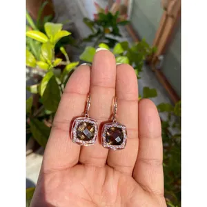 925 <b>Silver</b> <b>Drop</b> <b>Earrings</b> with Smoky Quartz Geometric Ball <b>Drop</b> Trendy Cute Style for Wedding Party or Gift - Product Image 2