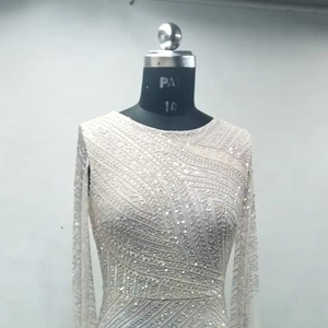 Robe de soirée pleine longueur pour femmes-Manches en voile brodées de perles en maille poly-perlage antistatique-Robe de cocktail élégante - Product Image 1