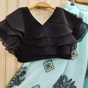 Conjunto de Lehenga Choli para Niñas, Estampado de Elefantes en Azul Aqua, Poliéster, Estilo Étnico, Largo hasta el Suelo, Marca Shoryam Fashion |   Ropa sin Arrugas para Fiestas de Niñas - Product Image 2