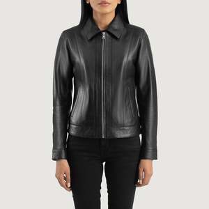 Vixen Black Classic Collar <b>Sheepskin</b> Moto Biker <b>Jacket</b> with Quilted Lining for Autumn Season - Product Image 4