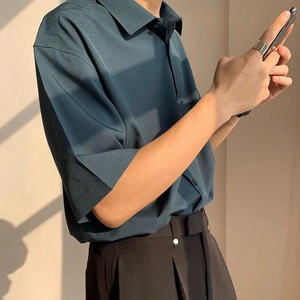 Camisa de manga corta para hombre, holgada, unisex, básica, cuello polo, estilo coreano de oficina - Product Image 3