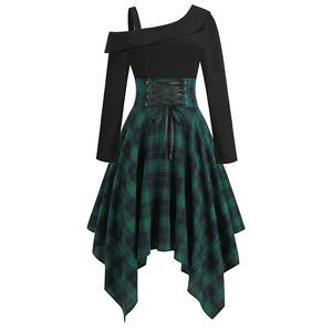 Robe tablier tissée tendance pour femme avec ceintures, manches longues, motif à carreaux, longueur genou, ourlet irrégulier et bretelles - Product Image 4