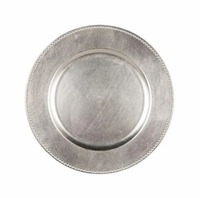 Assiette de présentation moderne en argent brossé métallisé, finition rayée discrète, bord perlé, pièce maîtresse faite à la main pour fêtes, Ramadan, Nouvel An