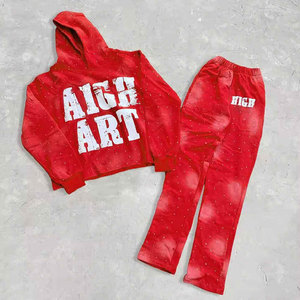 Hot Sale 2025 Lightweight Breathable 100% Cotton Winter Streetwear Distressed Print <b>Hoodie</b> & Sweatpants 2-Piece Set Tracksuit - Product Image 1