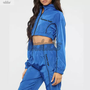 Chándal con logotipo personalizado para mujer, Tops cortos con capucha, conjuntos de chándales con bloques de Color azul - Product Image 2