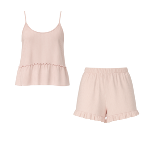 Sweet Women's <b>Thermal</b> Satin V-neck Elastic Waist Ribbed Knit Ruffle Hem Camisole Shorts Set Soft Stretch <b>Pajama</b> Lounge Wear - Product Image 1